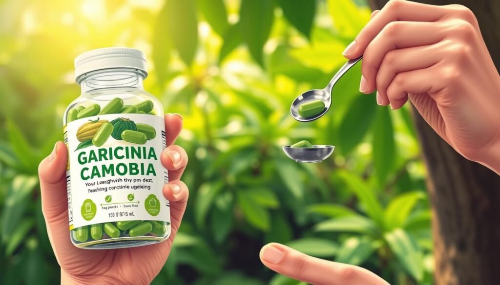 A vibrant, detailed illustration showcasing the proper method for taking Garcinia Cambogia supplements. In the foreground, a person's hand holds a clear glass bottle filled with green capsules, the label prominently displaying the Garcinia Cambogia branding. In the middle ground, the person is shown carefully measuring out the recommended dosage using a small spoon or measuring cup. The background depicts a serene, natural setting with lush green foliage, hinting at the organic, herbal nature of the supplement. The lighting is soft and diffused, creating a warm, inviting atmosphere. The overall composition conveys a sense of guidance and wellness, encouraging the viewer to incorporate Garcinia Cambogia into their health routine effectively.